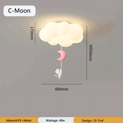 Lámpara de techo con forma de gatito colgando de una nube