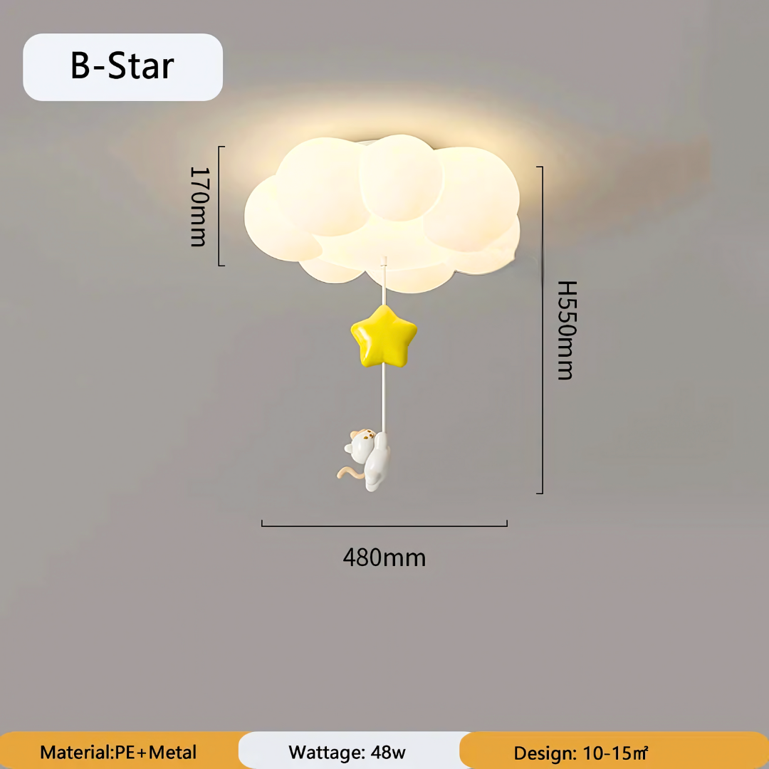 Lámpara de techo con forma de gatito colgando de una nube