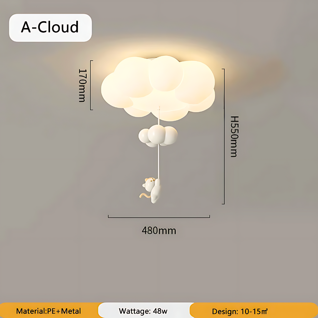 Lámpara de techo con forma de gatito colgando de una nube