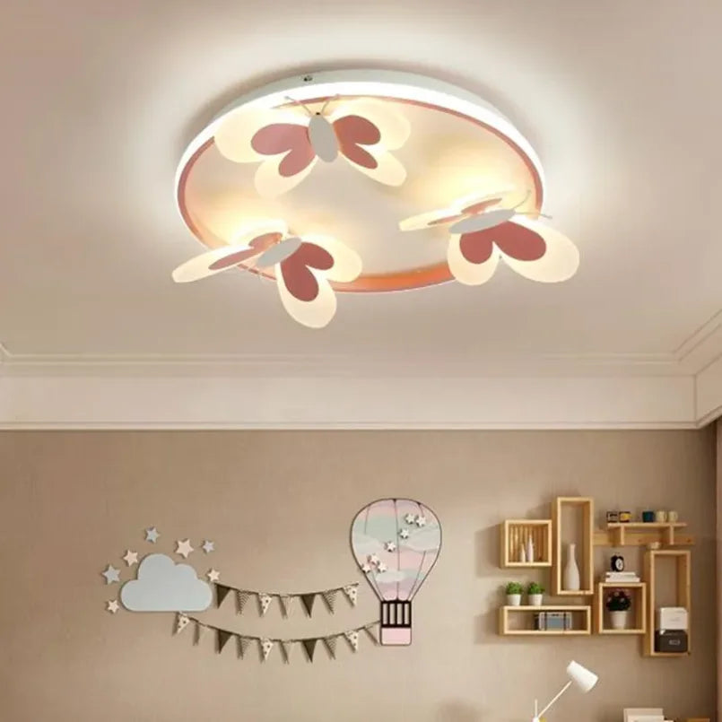 Lámpara de techo LED con forma de mariposa para niños y niñas, redonda, con control remoto, regulable, color rosa, para dormitorio