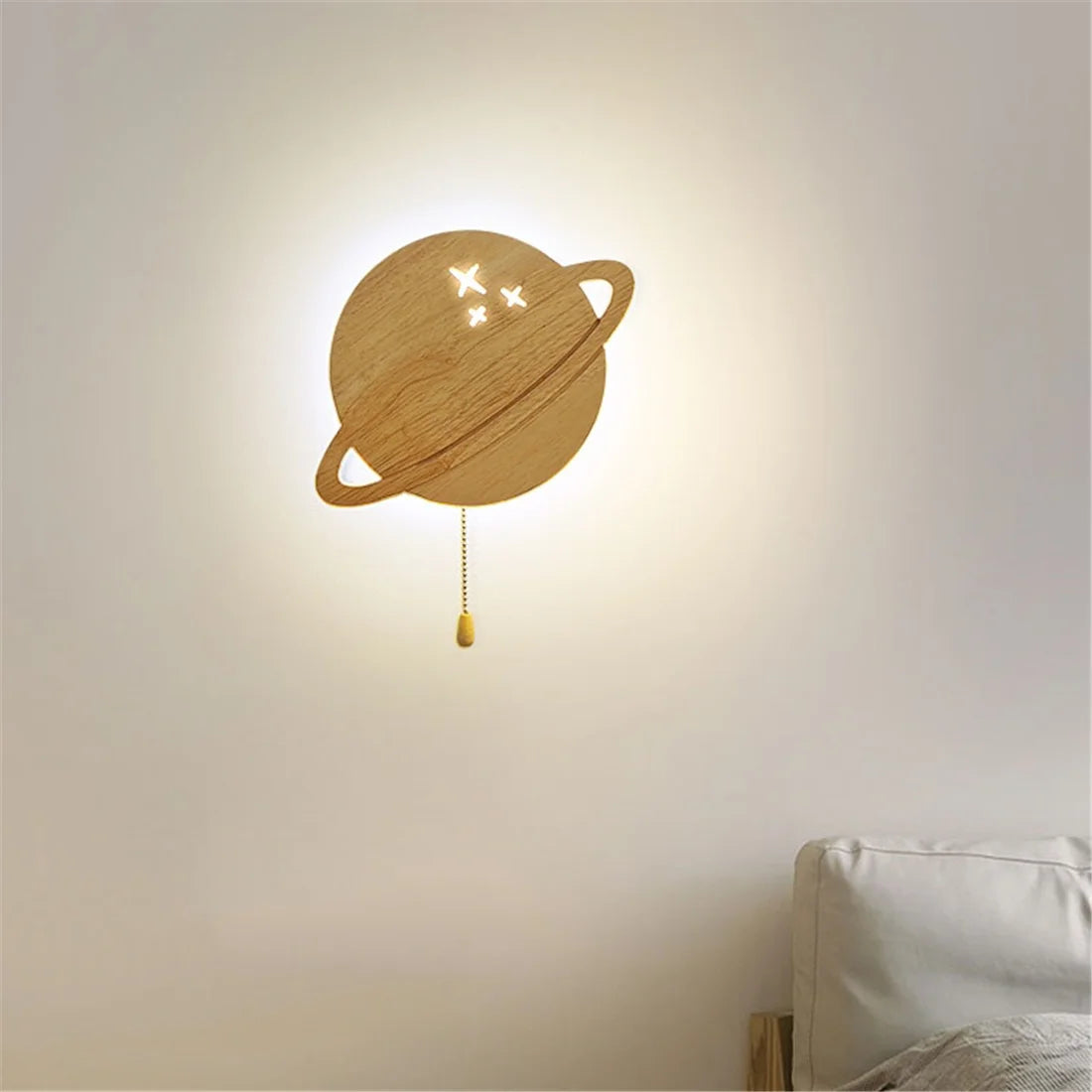 Kreative Holzkunst Mond Delphin Saturn Led Wandlampe Mit Zugschalter Für Kinder Schlafzimmer Nachttisch Arbeitszimmer Flur Deko Nachtlichter