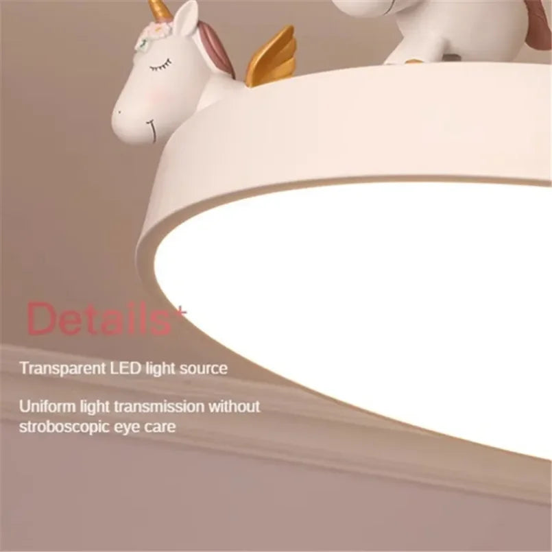 Lámpara de techo con forma de unicornio LED moderna para niños y niñas, lámpara decorativa rosa con control remoto y regulable para el hogar y el dormitorio