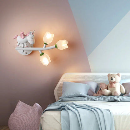 Lámparas de pared con forma de conejo para habitación de niños, luz de pared para dormitorio, mesita de noche, pasillo, lámparas de noche decorativas con LED G4 y flores