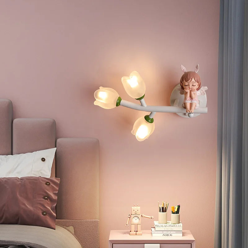 Lámparas de pared con forma de conejo para habitación de niños, luz de pared para dormitorio, mesita de noche, pasillo, lámparas de noche decorativas con LED G4 y flores