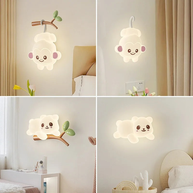 Lámpara de pared creativa para niños, lámpara de pared con forma de oso mono, rama de árbol, guardería, patio de recreo, pasillo