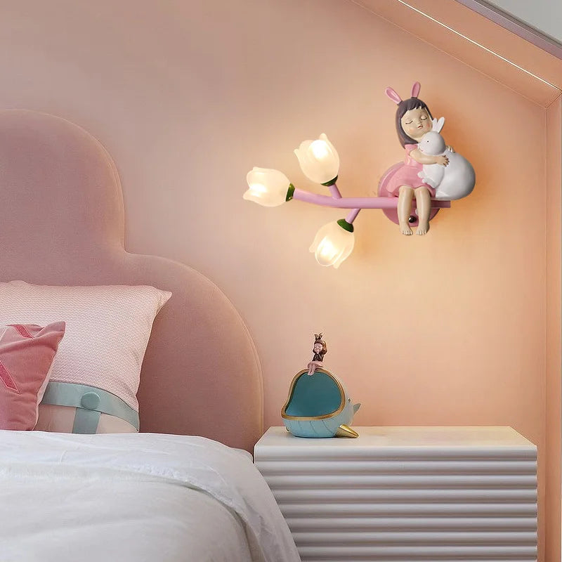 Lámparas de pared con forma de conejo para habitación de niños, luz de pared para dormitorio, mesita de noche, pasillo, lámparas de noche decorativas con LED G4 y flores