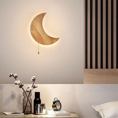 Lámpara de pared LED con diseño creativo de luna, delfín y Saturno, de madera, con interruptor de tiro para dormitorio infantil, mesita de noche, estudio, pasillo, decoración, luces de noche