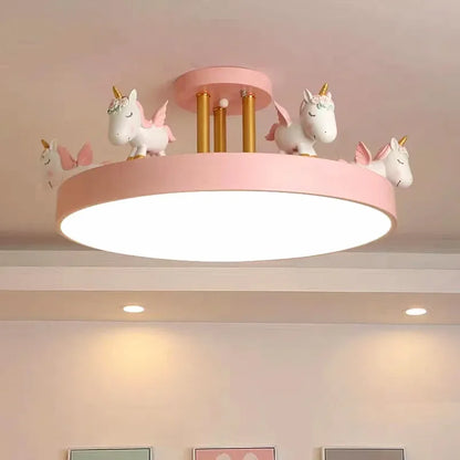 Lámpara de techo con forma de unicornio LED moderna para niños y niñas, lámpara decorativa rosa con control remoto y regulable para el hogar y el dormitorio