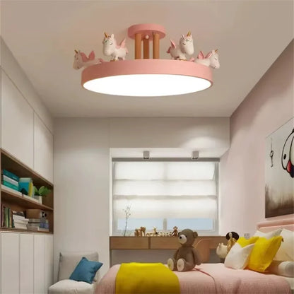 Lámpara de techo con forma de unicornio LED moderna para niños y niñas, lámpara decorativa rosa con control remoto y regulable para el hogar y el dormitorio