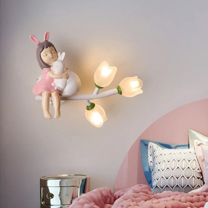 Lámparas de pared con forma de conejo para habitación de niños, luz de pared para dormitorio, mesita de noche, pasillo, lámparas de noche decorativas con LED G4 y flores