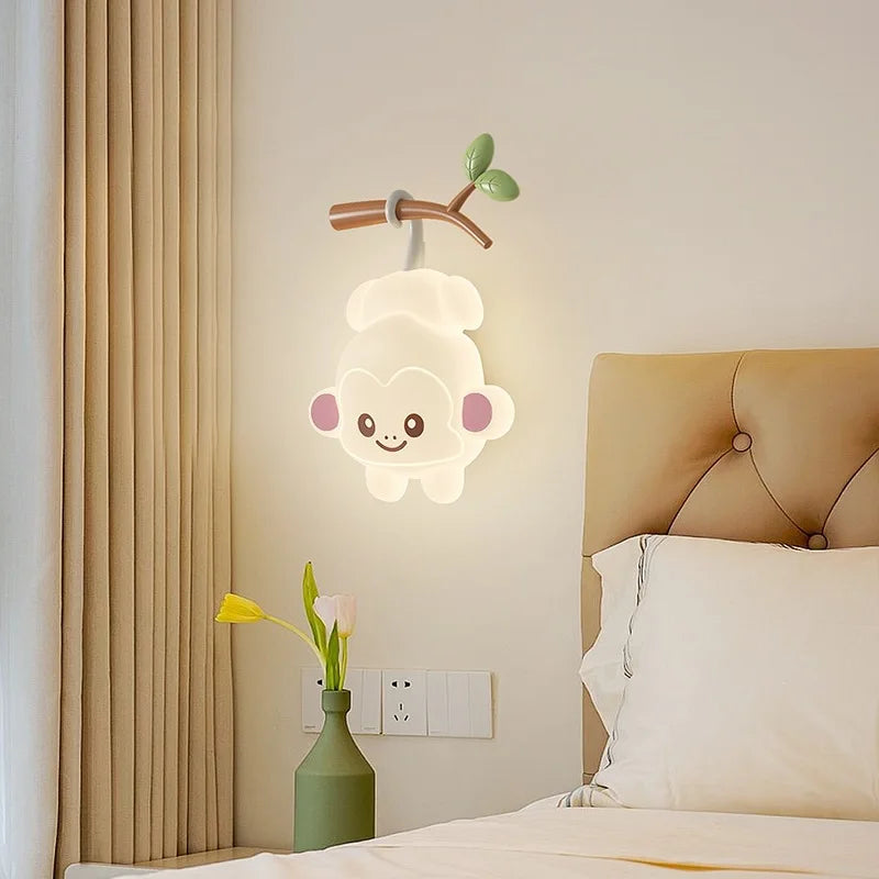 Lámpara de pared creativa para niños, lámpara de pared con forma de oso mono, rama de árbol, guardería, patio de recreo, pasillo