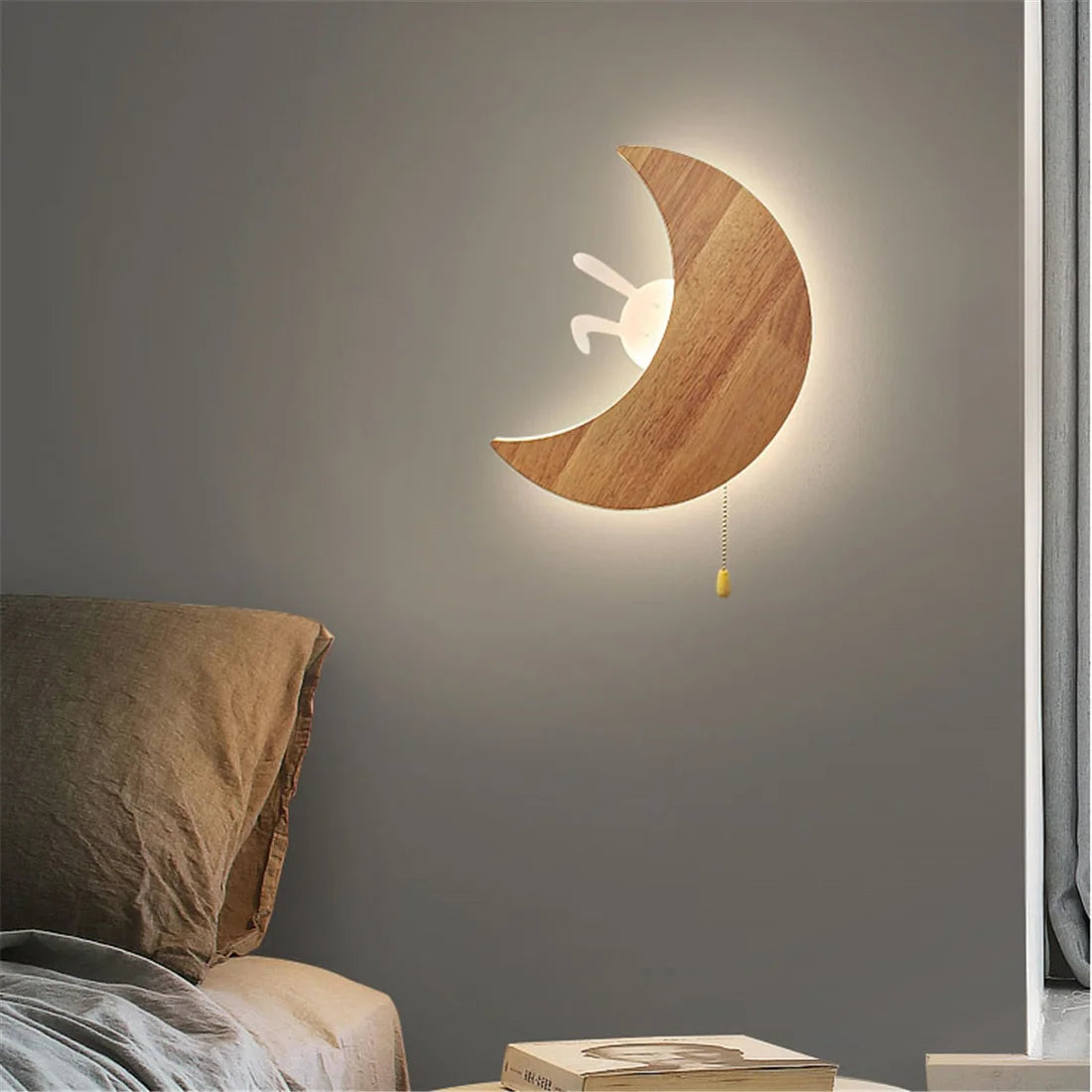 Lámpara de pared LED con diseño creativo de luna, delfín y Saturno, de madera, con interruptor de tiro para dormitorio infantil, mesita de noche, estudio, pasillo, decoración, luces de noche