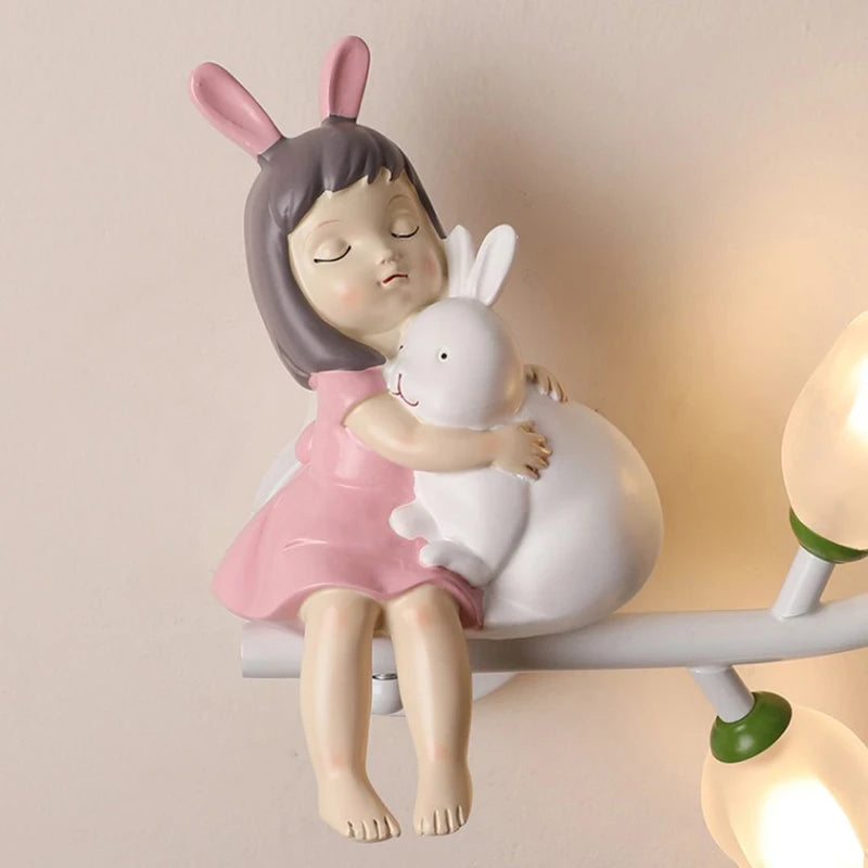 Lámparas de pared con forma de conejo para habitación de niños, luz de pared para dormitorio, mesita de noche, pasillo, lámparas de noche decorativas con LED G4 y flores