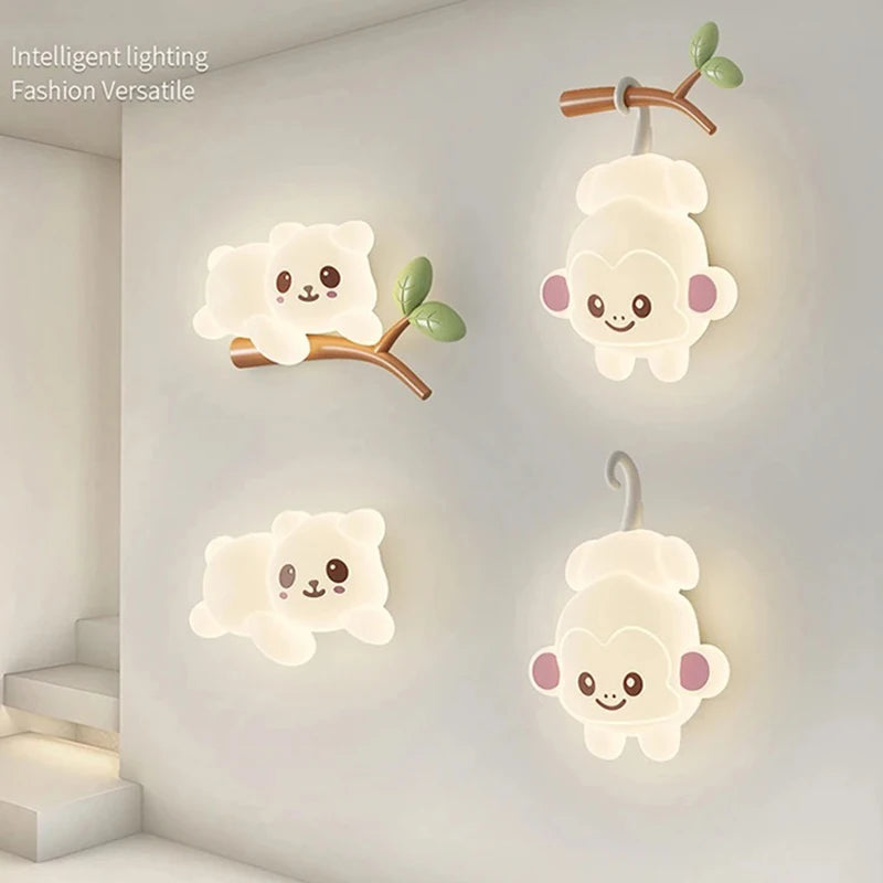 Lámpara de pared creativa para niños, lámpara de pared con forma de oso mono, rama de árbol, guardería, patio de recreo, pasillo