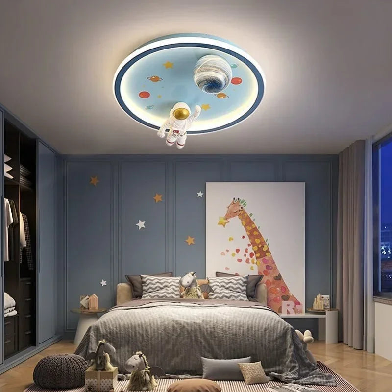 Lámpara de araña nórdica de dibujos animados para niños, luces espaciales azules para habitación de niños, lámparas de techo con lustre, decoración del hogar, iluminación LED